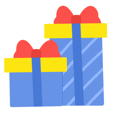 Two blue boxes with red bows on top. One is on the left and the other is on the right