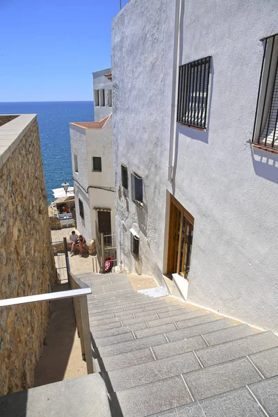 Peniscola Valencia Juni 2019 Stadtblick Altstadt Papa Luna Burg Leuchtturm Stockfoto