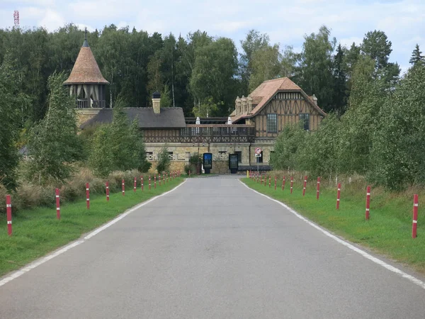 Rustige Landelijke Vlakke Asfaltweg Zomer Mooi Kasteel Aan Het Einde — Stockfoto