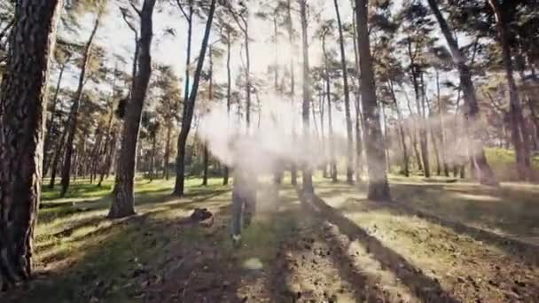 つのハンドヘルド赤フレアからスモーク カメラから離れて木の森を走っている人 — ストック動画