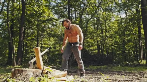 Hemdlose Holzfäller hacken Holz - Super-Zeitlupe — Stockvideo