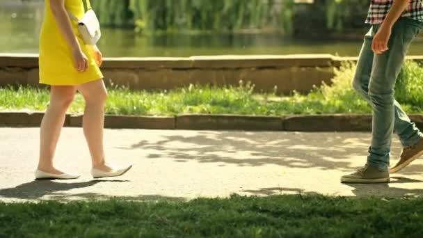 Szczęśliwa Młoda para piękny spotyka się w parku, Całowanie i trzymając się za ręce. RAW nagrywania wideo. — Wideo stockowe