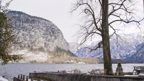 Vista de un lago de montaña en invierno — Vídeo de stock