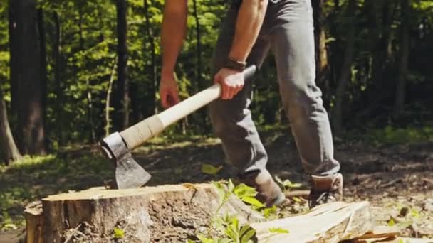 Homem sem camisa forte que divide troncos na floresta — Vídeo de Stock