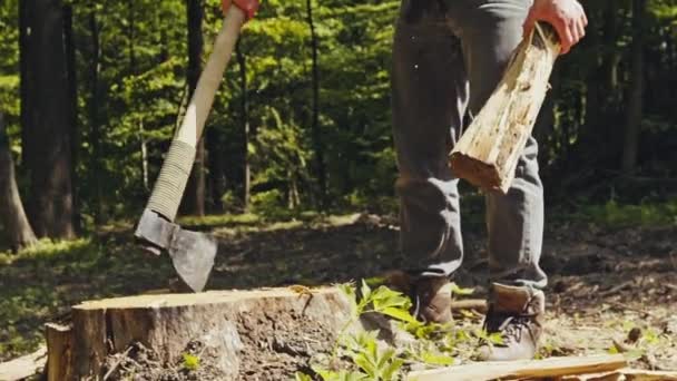 Starker muskulöser Mann, der mit einer Axt Brennholz spaltet — Stockvideo