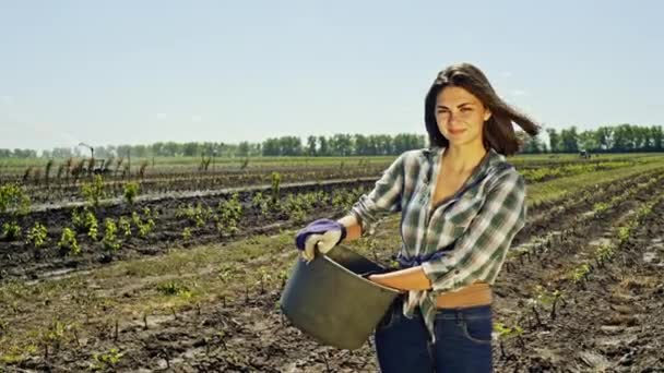 Mujer joven con cubo de metal en el campo . — Vídeo de stock