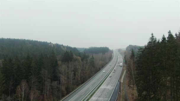 Vista aérea de los coches que conducen en carretera remota entre los árboles en la niebla — Vídeos de Stock