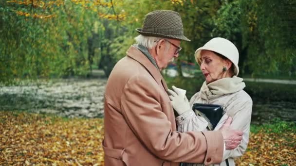 Ηλικιωμένος άνδρας εξευμενισμού λυπημένη γυναίκα σε ένα πάρκο της πόλης με φθινόπωρο φθινόπωρο φύλλα — Αρχείο Βίντεο