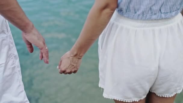 Casal apaixonado em pé na paisagem marinha tropical - câmera lenta . — Vídeo de Stock