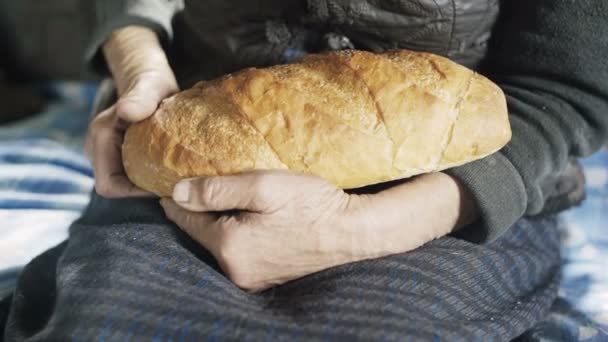 Бабушка держит в руках бурый хлеб. — стоковое видео