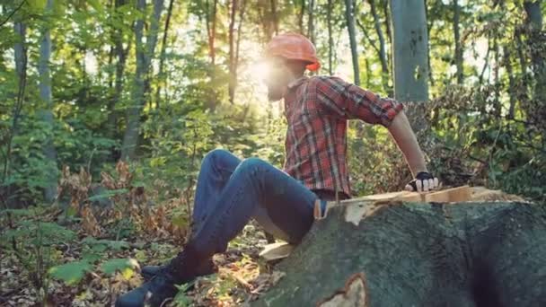 Un joven guapo con barba y camisa sosteniendo hacha de madera caminando en el bosque al aire libre sobre fondo natural — Vídeo de stock