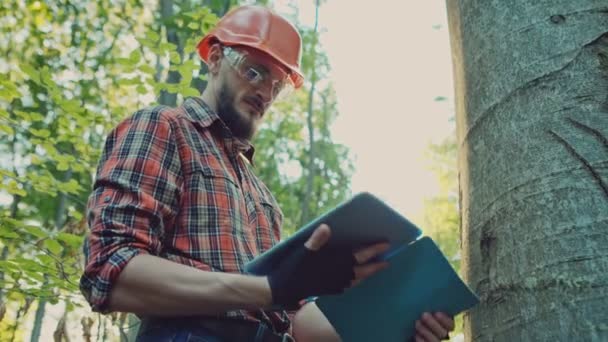 Logger in hat looking at tablet — Stock Video