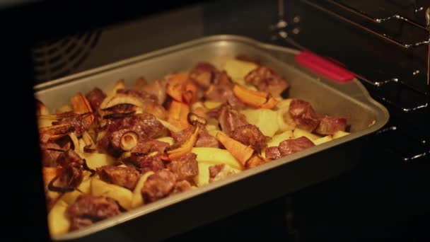 Schotel met braad vlees in de oven — Stockvideo