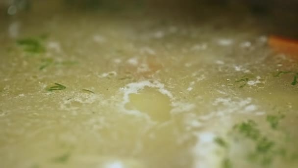 Gros plan du bouillon bouillant dans la casserole — Video