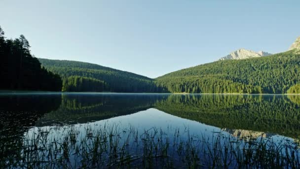 Ранним утром вид на спокойное горное озеро - гора Дурмитор, Черное озеро — стоковое видео