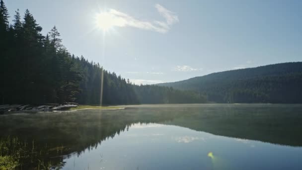180 graden pan rond een bergmeer kustlijn-Mount Durmitor, Black Lake — Stockvideo