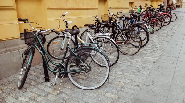 Reihe Von Fahrrädern Der Hauptstadt Stockholm — Stockfoto