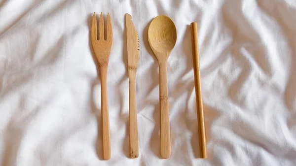 Bamboo cutlery set, ecological kitchen cutlery with knife, fork, spoon and straw