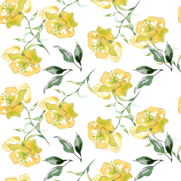 Gelbe Blüten Nahtlose Muster Und Blätter — Stockfoto
