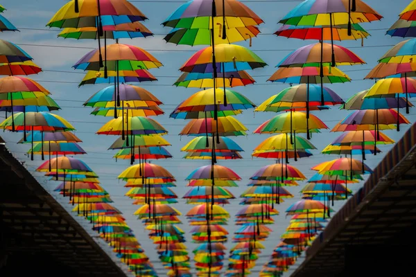 Färgglada Paraplyer Bakgrund Färgglada Paraplyer Himlen Gatudekoration Royaltyfria Stockfoton