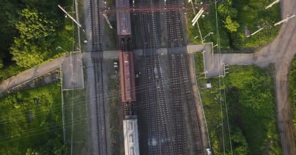 Aerial view of train at railway — Stock Video