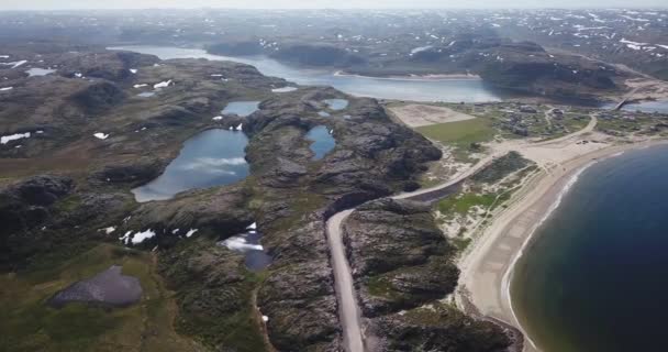 Aerial view of beautiful Teriberka village — Stock Video