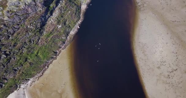 Вид с воздуха на серферов SUP на реке Териберка — стоковое видео