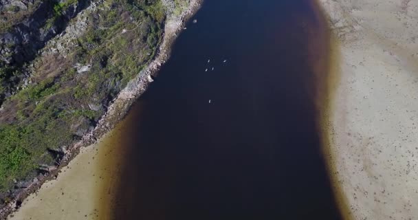 Luftaufnahme von SUP-Surfern am Fluss Teriberka — Stockvideo