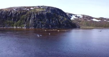 Teriberka Nehri 'ndeki SUP sörfçülerinin hava görüntüsü 