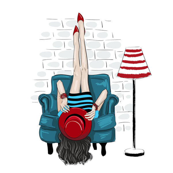 Фахион женщина подняла ноги на стене иллюстрации
