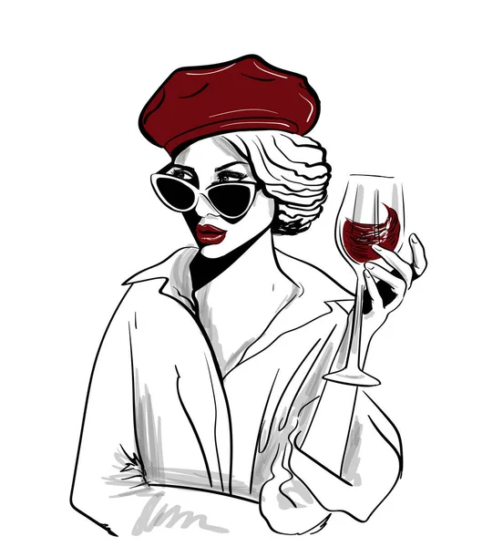 Boina roja mujer con copa de vino — Vector de stock