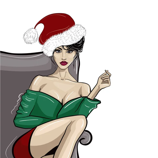 Sentada senhora no chapéu de Natal com a mão mantendo algo —  Vetores de Stock