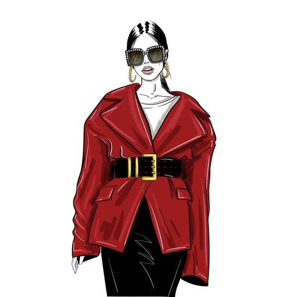 Mulher em óculos e casaco vermelho oversize —  Vetores de Stock