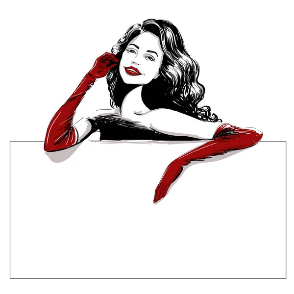 Mujer sonriente con larga plantilla de guantes rojos — Vector de stock