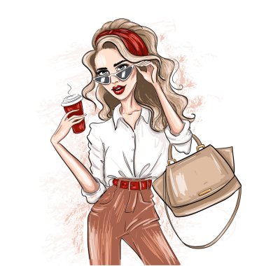 kırmızı aksesuarları ile çizilmiş kadın