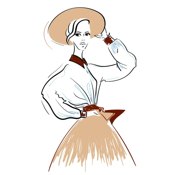 Croquis de la femme posant dans le chapeau — Image vectorielle