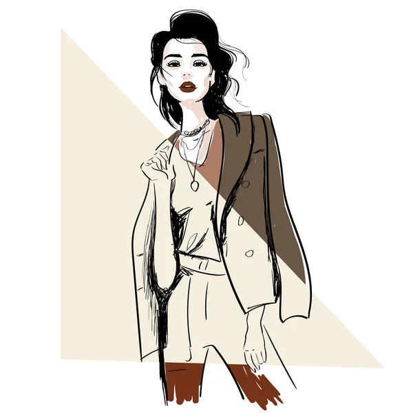 Fashion sketch of model in jacket — Stock Vector