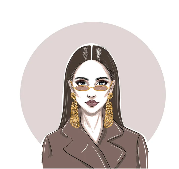 Fashion serious micro glasses woman sketch — Stock Vector