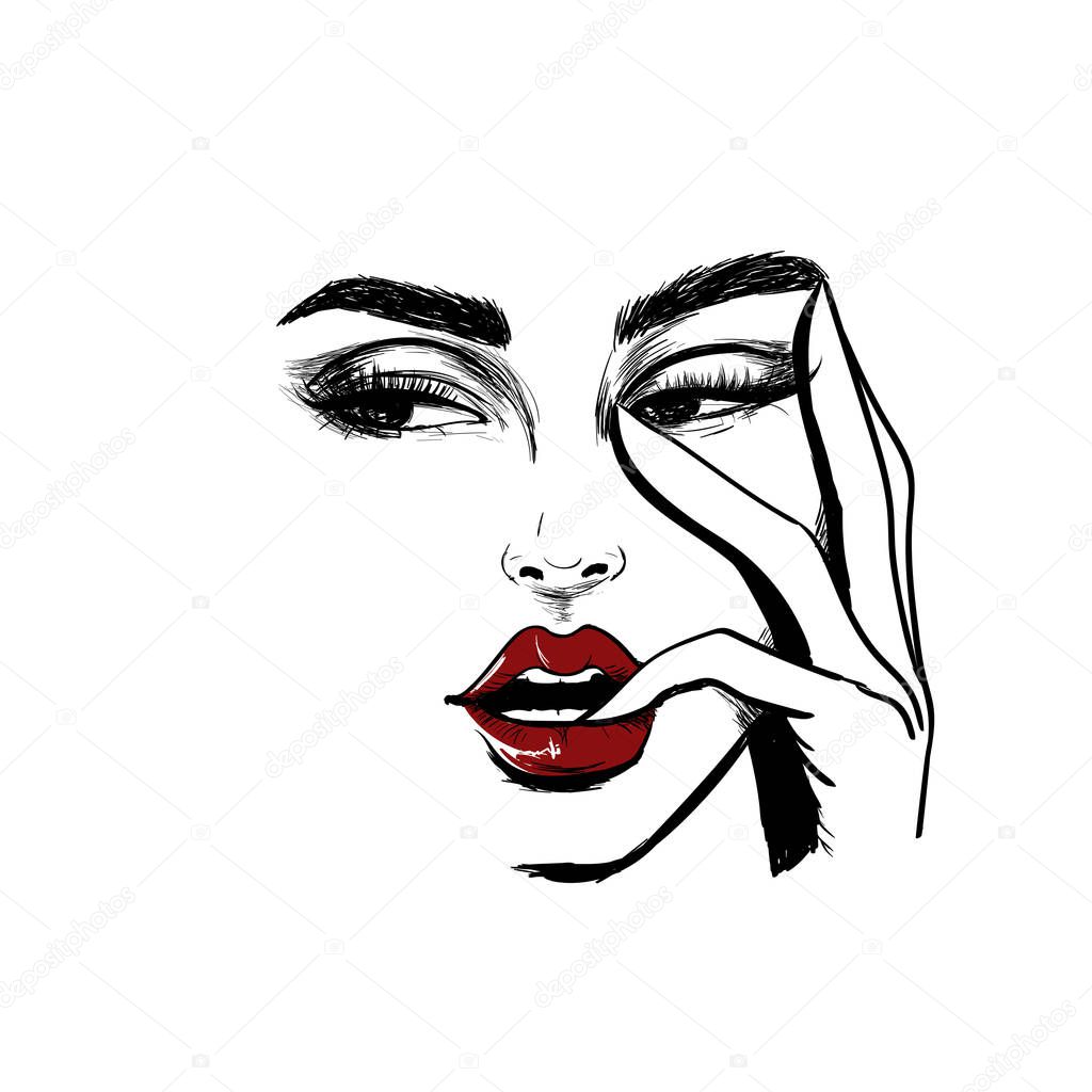 Woman face looking left with finger in the mouth illustration