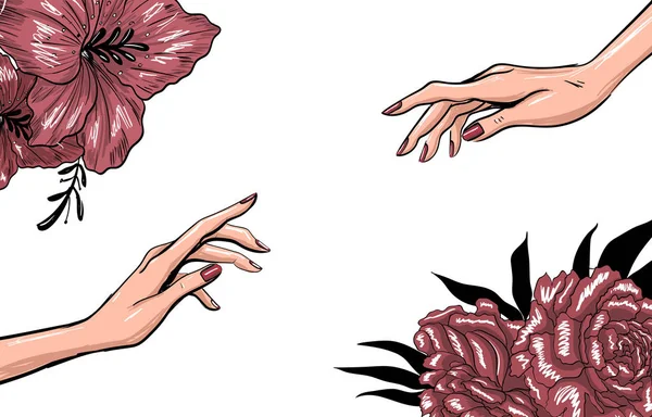 Kunst-Mode-Vorlage mit Händen und Blumen — Stockvektor