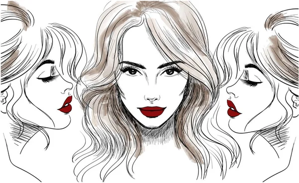 Três rostos de mulher com bandeira de lábios vermelhos — Vetor de Stock