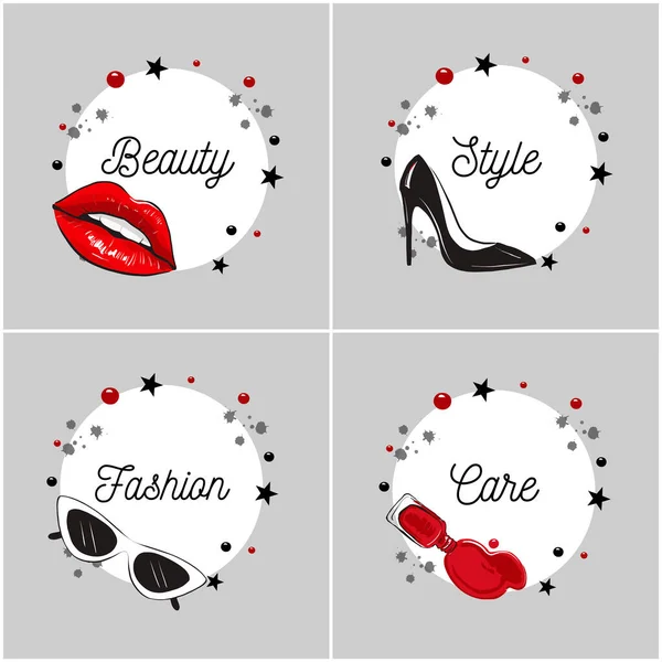 Detalles de moda icono círculo conjunto con labios — Vector de stock