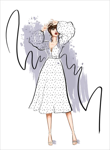 Mujer en punto vestido con mangas hinchadas — Vector de stock