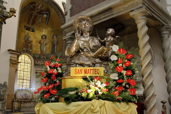 Salerno Italien September 2020 Statyn Saint Matthew Skyddshelgon För Staden — Stockfoto