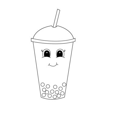 Beyaz arka planda izole edilmiş siyah hatlı el yapımı baloncuklu çay. Boyama kitabı için tasarım ögesi. Vektör.