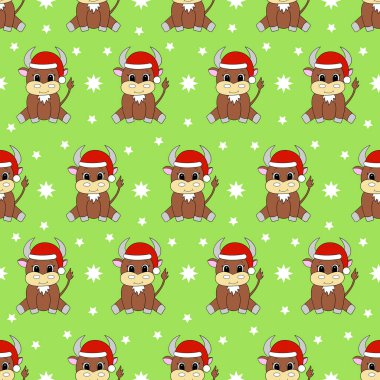 Çizgi filmdeki Noel Baba şapkalı boğa gibi kusursuz bir desen. Vektör illüstrasyonu.