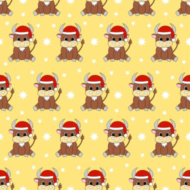 Çizgi filmdeki Noel Baba şapkalı boğa gibi kusursuz bir desen. Vektör illüstrasyonu.