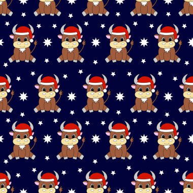 Çizgi filmdeki Noel Baba şapkalı boğa gibi kusursuz bir desen. Vektör illüstrasyonu.