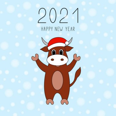 Noel Baba şapkalı komik boğa. Yeni yıl kartı. Vektör illüstrasyonu.