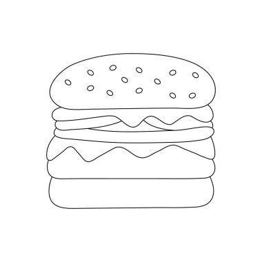 El çizimi hamburger, beyaz arka planda izole edilmiş siyah hatlı. Boyama kitabı için tasarım ögesi. Vektör. 